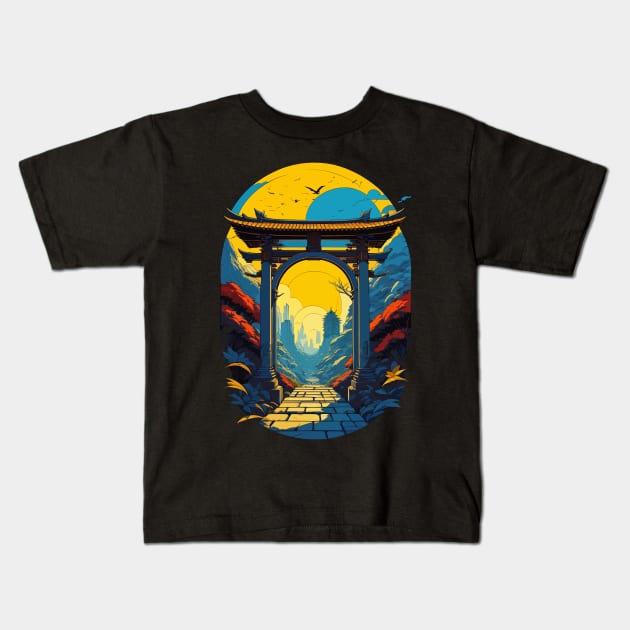 Colorful Japanese Gate Back Print Kids T-Shirt by DeathAnarchy